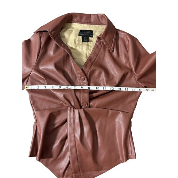 House Of Harlow 1960 Vegan Leather Short-Sleeve Button-Up Shirt - Rust Brown XS - Picture 3 of 6